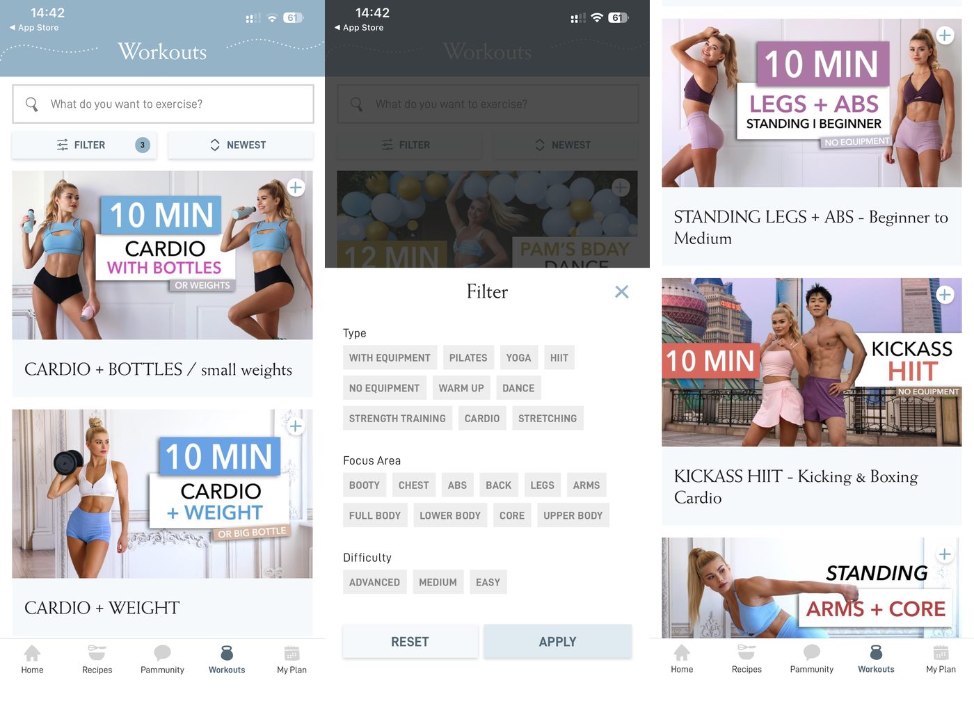 Pamela Reif Pam app workout library and filters showing cardio, HIIT, standing legs and abs, and workout type and difficulty filters