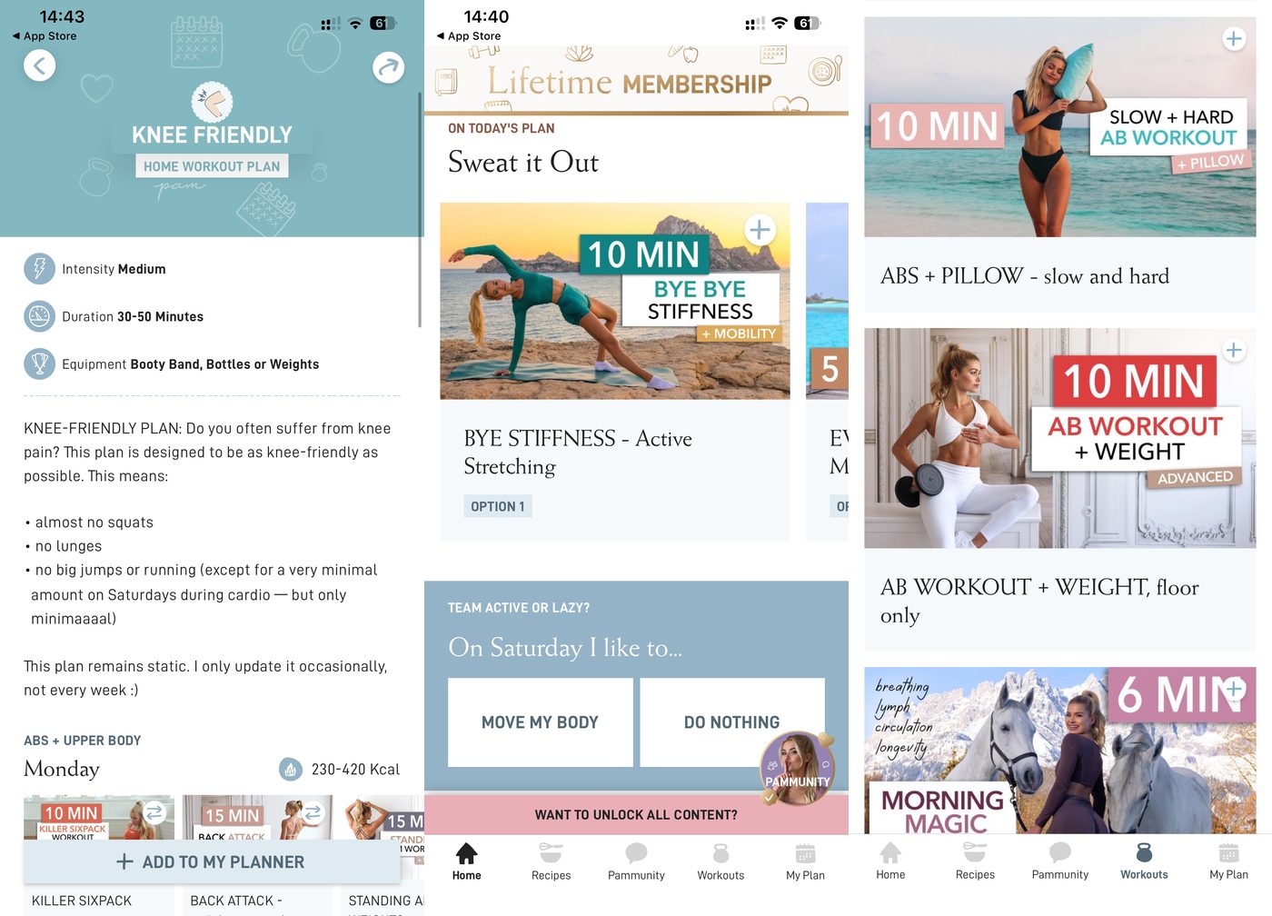 Pamela Reif knee-friendly home workout plan with almost no squats, lunges or jumps, plus mobility and active stretching