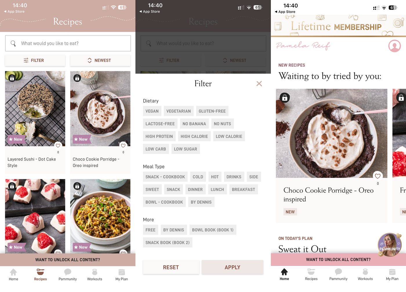 Pamela Reif Pam app recipe library with dietary and meal-type filters, much of it locked behind the paywall