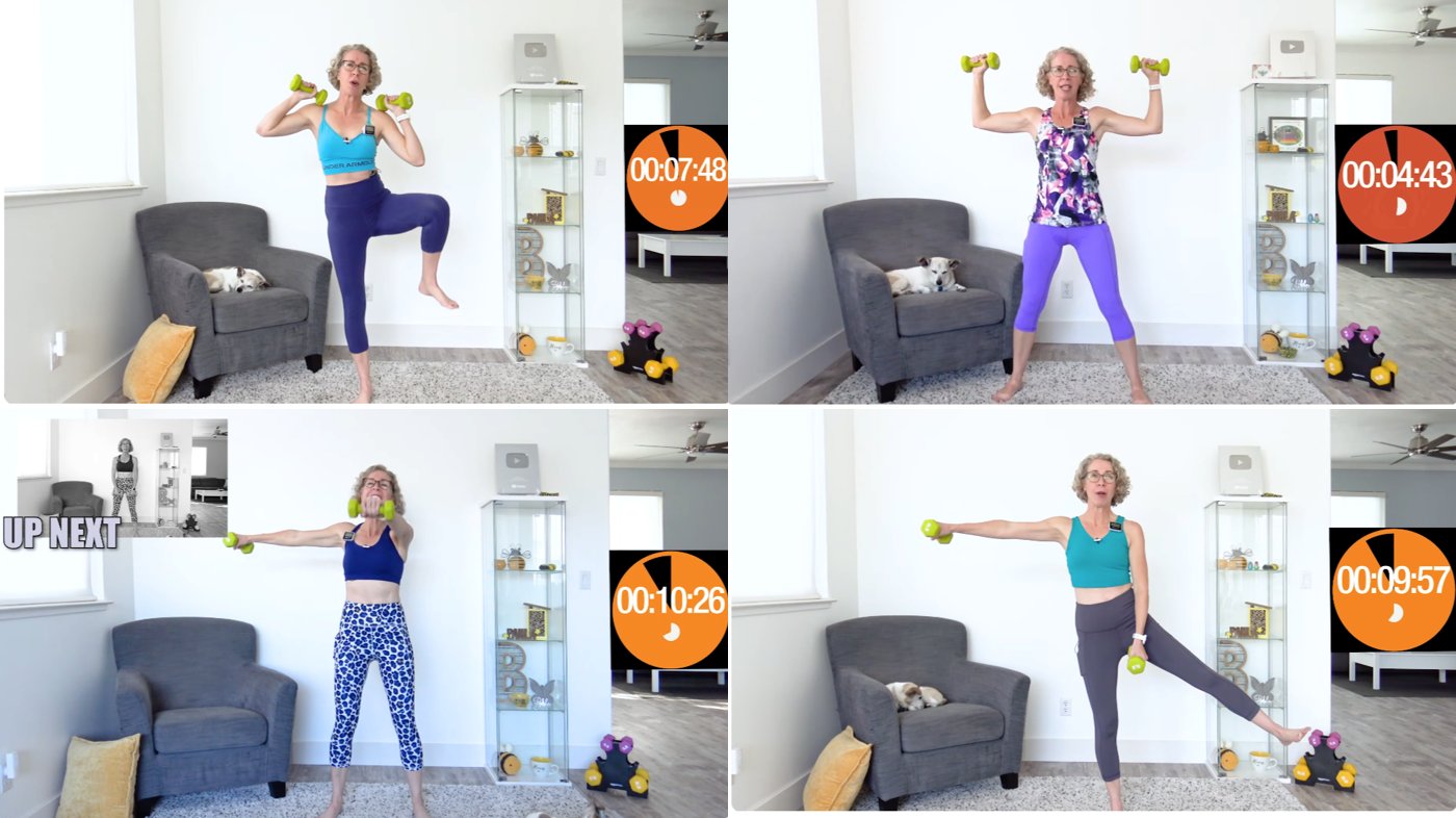Four stills from PBF Workouts YouTube videos showing strength and weight-loss workouts for women over 50.