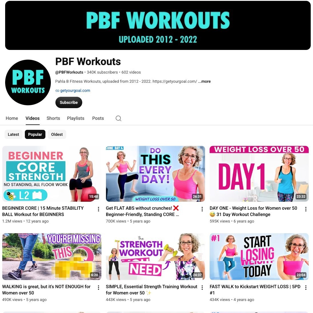 PBF Workouts YouTube videos tab listing weight-loss and strength workouts for women over 50.