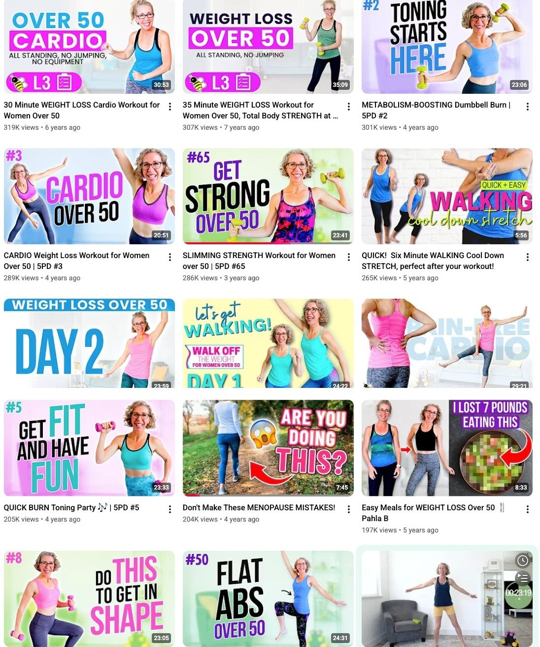 PBF Workouts YouTube videos tab with more full-body and cardio workout thumbnails.