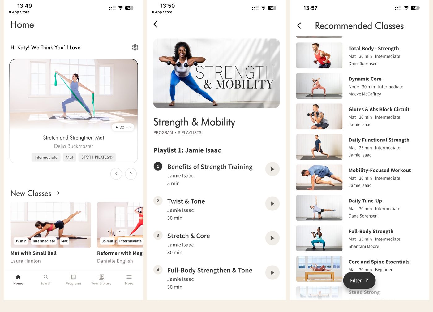Pilates Anytime: the personalised home screen, the Strength and Mobility programme, and recommended dumbbell strength classes