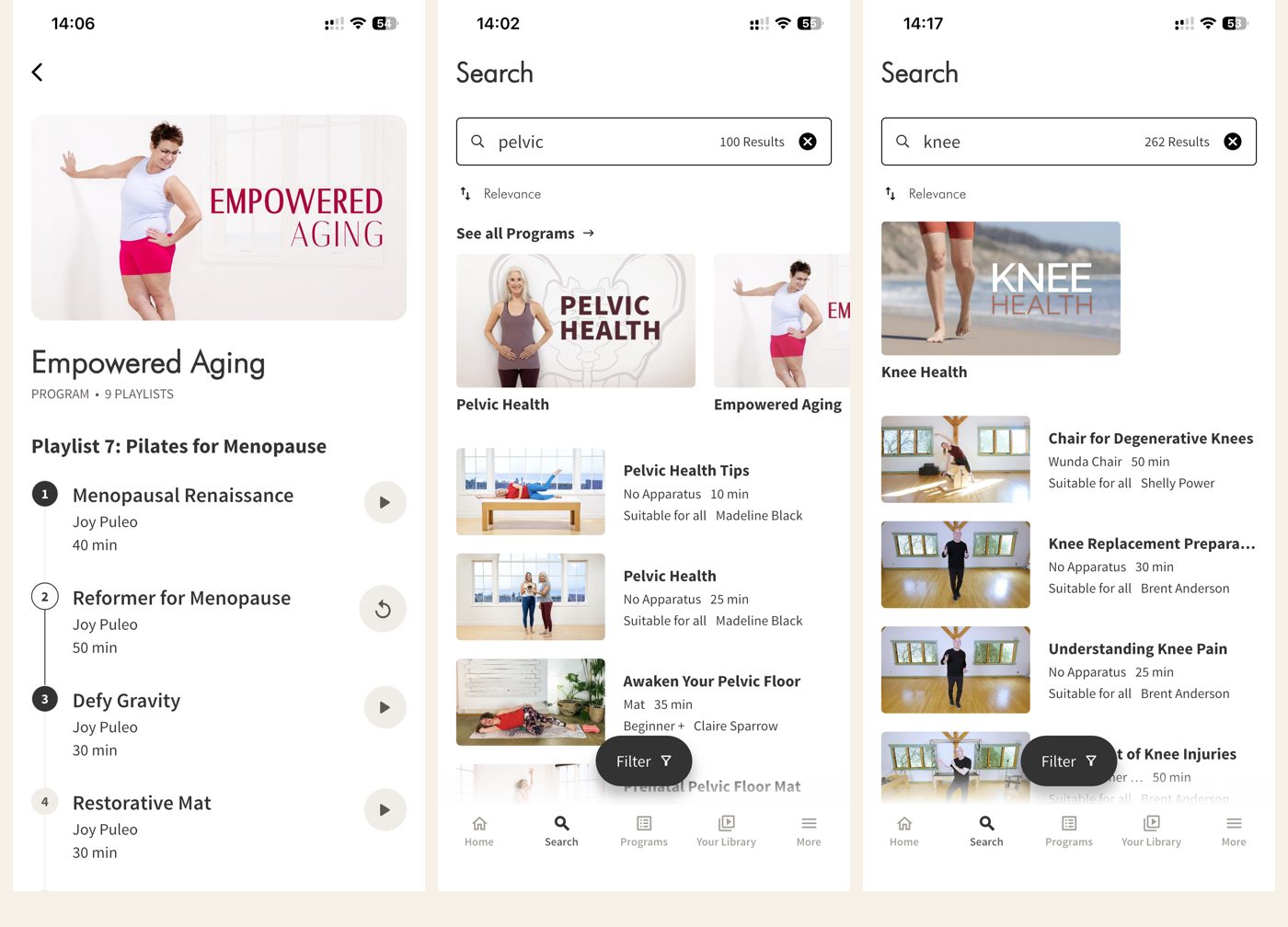 Pilates Anytime: the Empowered Aging Pilates for Menopause playlist, the Pelvic Health programme search, and the Knee Health search results