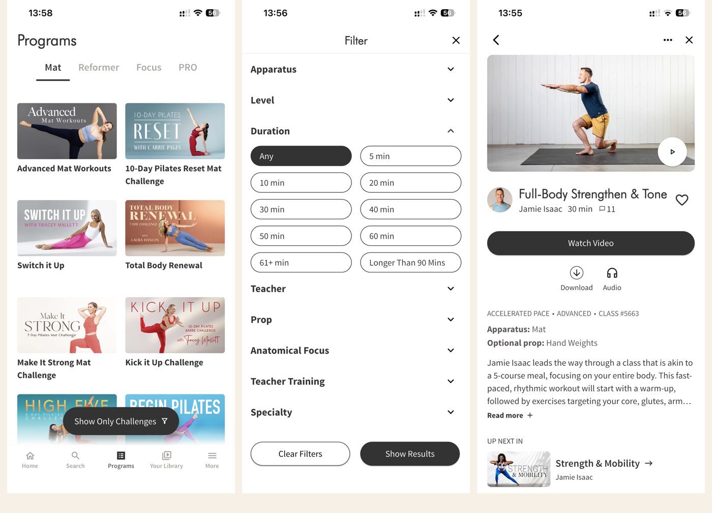Pilates Anytime: the Programs tab with multi-day mat challenges, the detailed filter panel, and a strength class detail page with explanation and optional weights