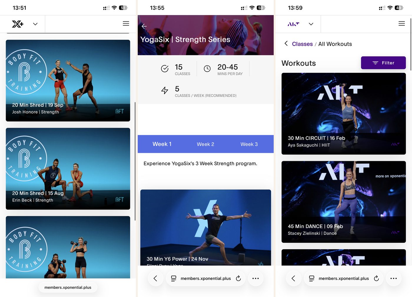 Xponential+ variety: a BFT strength workout, a YogaSix multi-week strength series, and an AKT dance class
