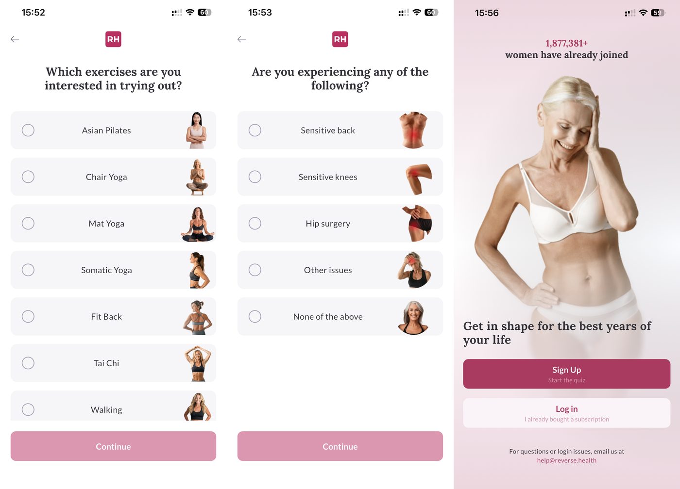 Reverse Health sign-up flow: the paywalled landing screen, an injuries question and an exercise-preference question from the long onboarding quiz