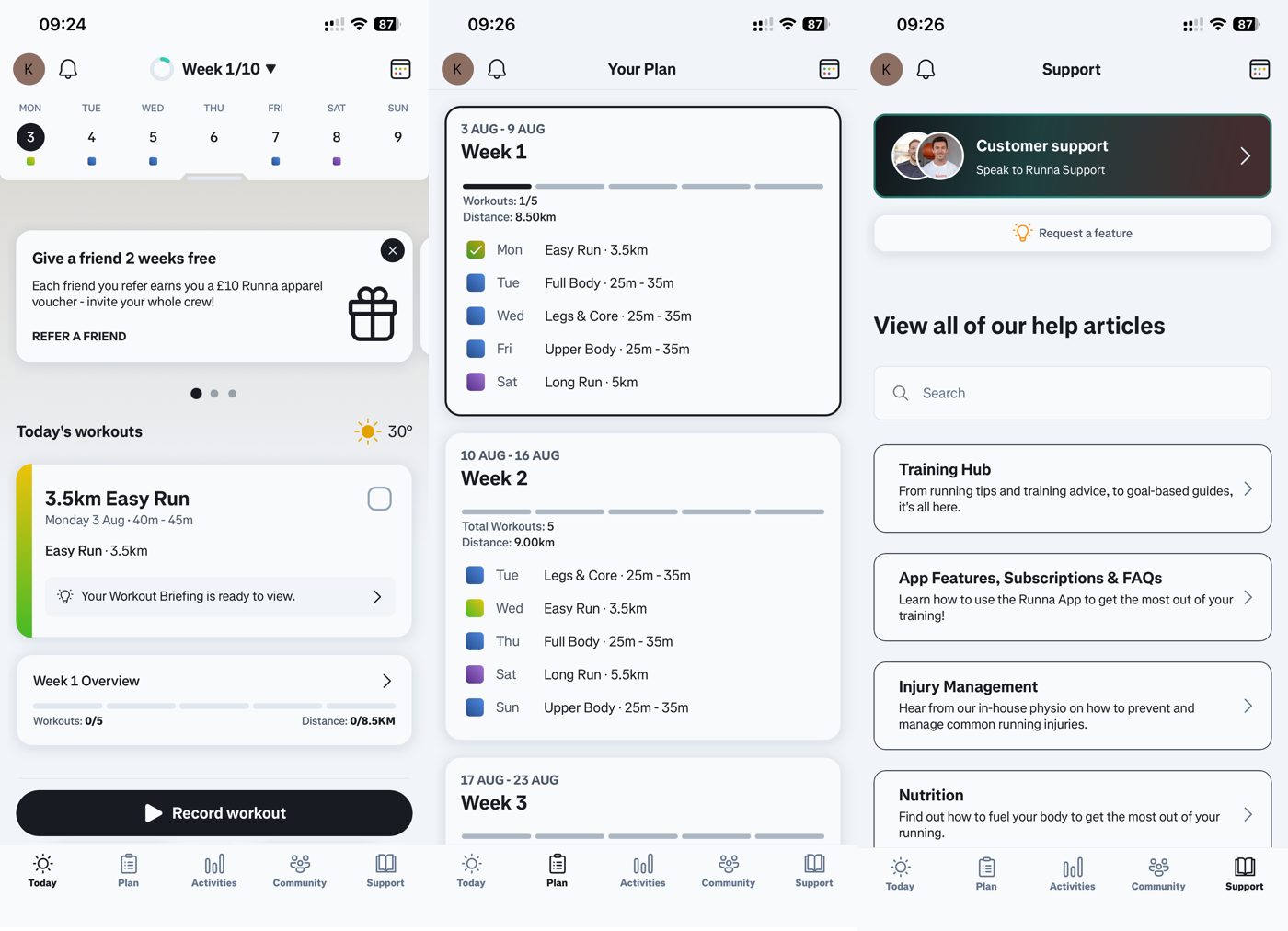 Runna app daily home screen, your training plan, and the support page.