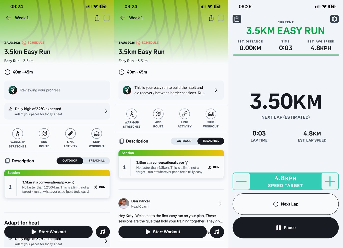 Runna app easy run screens: outdoor run detail, treadmill run detail, and a live run tracker.