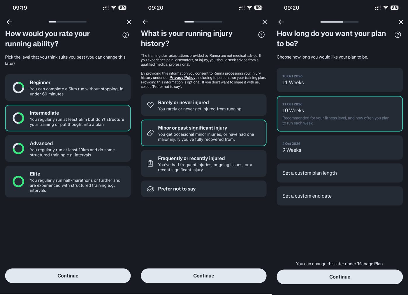 Runna app onboarding for running ability, injury history, and training plan length.