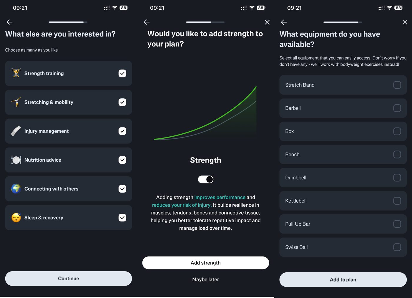 Runna app onboarding for cross-training interests, strength add-ons, and available equipment.