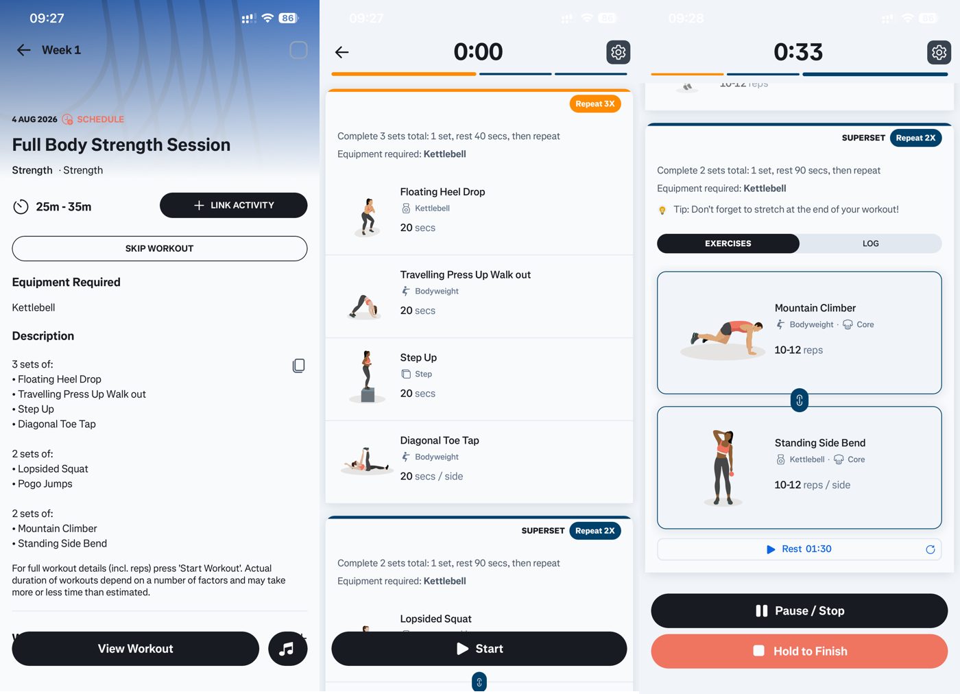 Runna app strength session: a workout detail, an exercise list, and an in-workout superset.