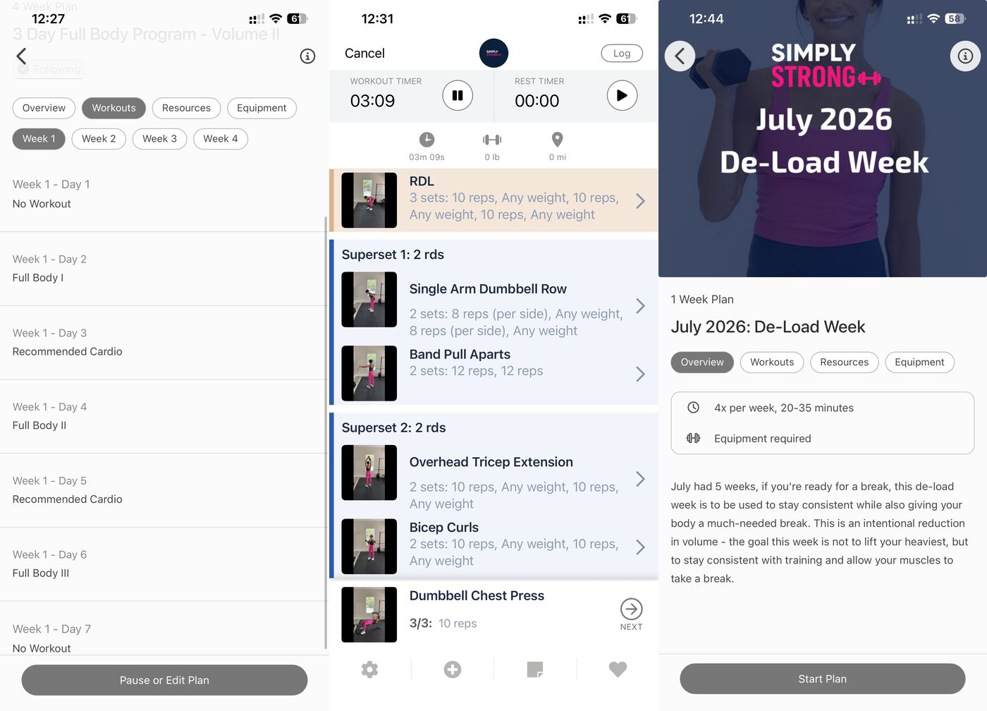 Simply Strong app 3-day full-body weekly plan, a live workout screen with supersets and set-by-set weight logging, and a de-load week set to four sessions of 20 to 35 minutes