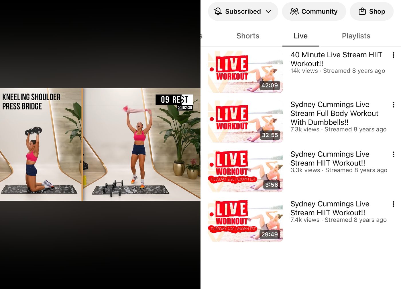 A Sydney Cummings dumbbell workout with a kneeling shoulder press and rest screen, next to her long history of live-stream workouts