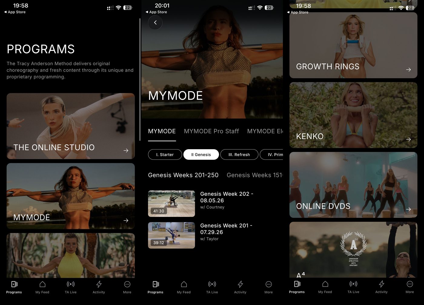 Tracy Anderson Online Studio app showing the Programs menu, the Online Studio weekly mat class, MYMODE Genesis weeks, and sub-programs such as Growth Rings, Kenko and Online DVDs