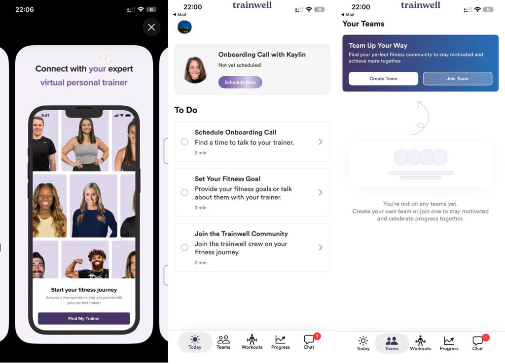 Trainwell app screens: personal trainer intro, a daily to-do list, and the your-teams view., Strength Training App for Women (2026)