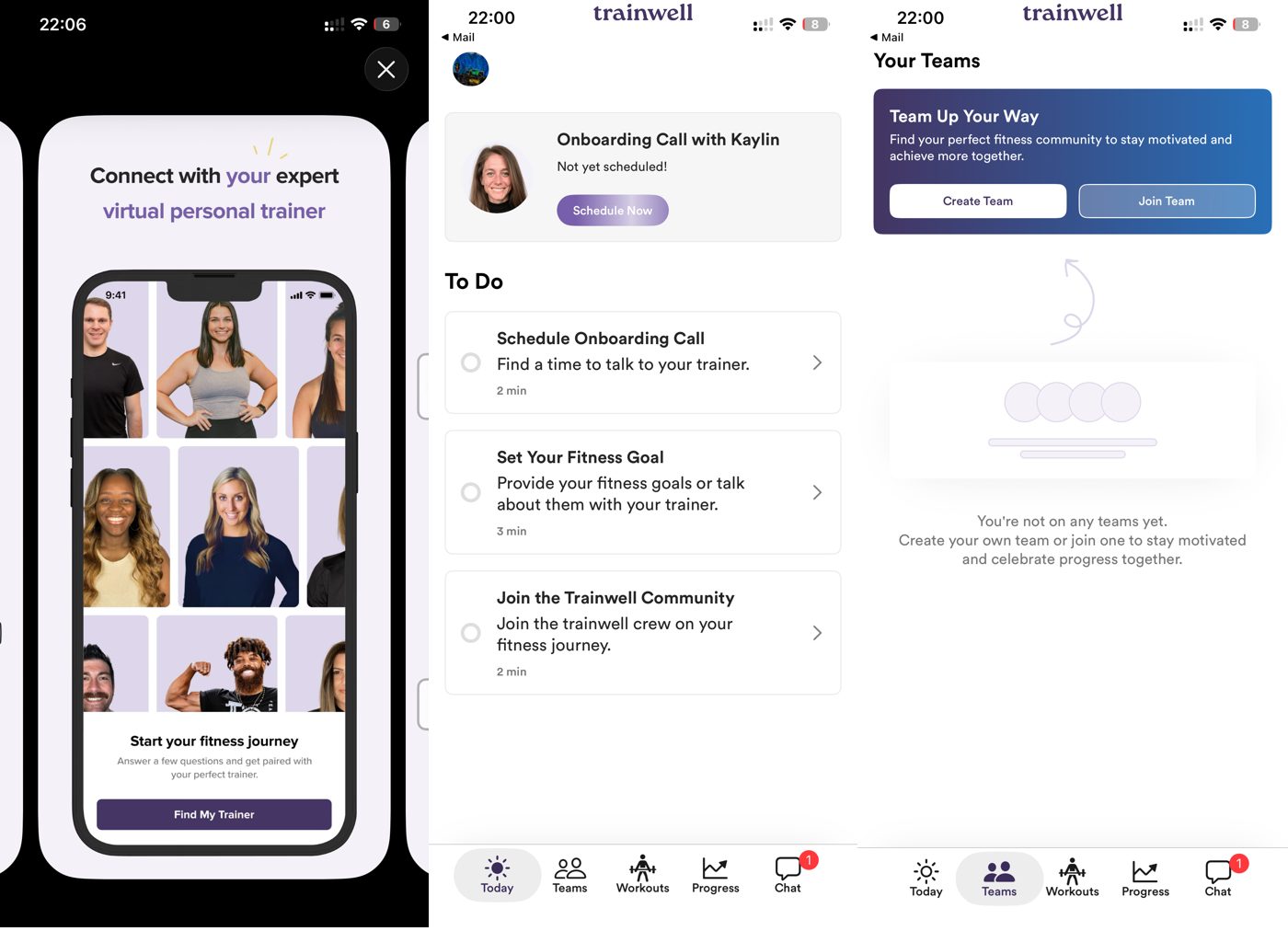 Trainwell app screens: personal trainer intro, a daily to-do list, and the your-teams view.