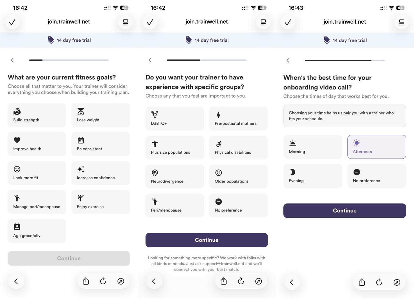 Trainwell signup flow: choosing fitness goals, trainer experience preferences, and an onboarding call time.