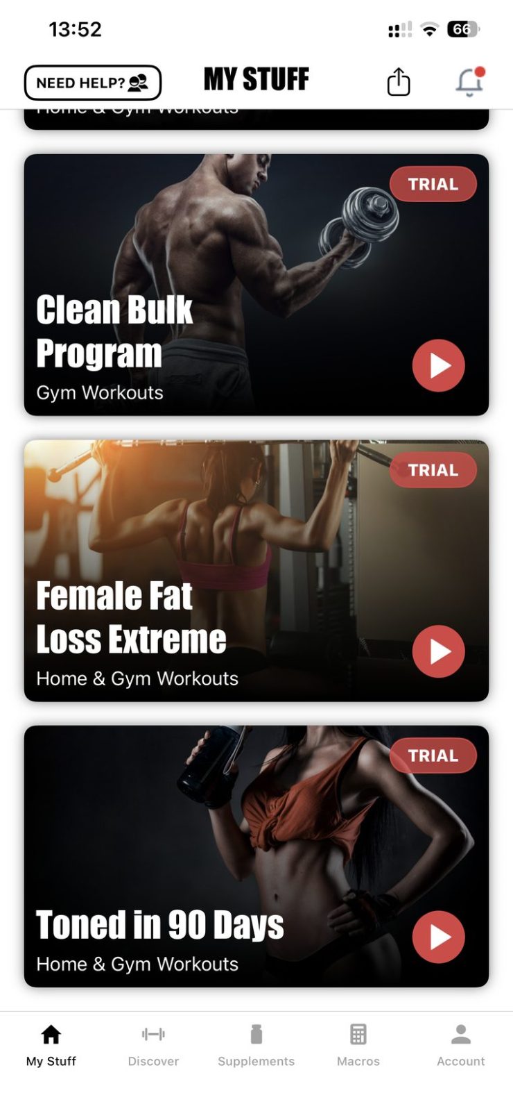 V Shred app My Stuff screen showing Clean Bulk, Female Fat Loss Extreme and Toned in 90 Days trial programmes