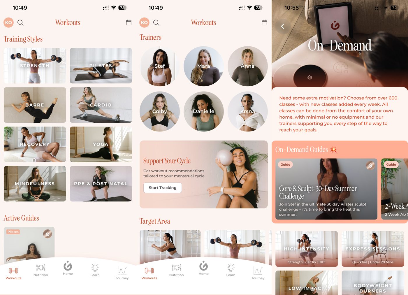 WeGlow app browse screens for training styles, trainers, and on-demand sessions.