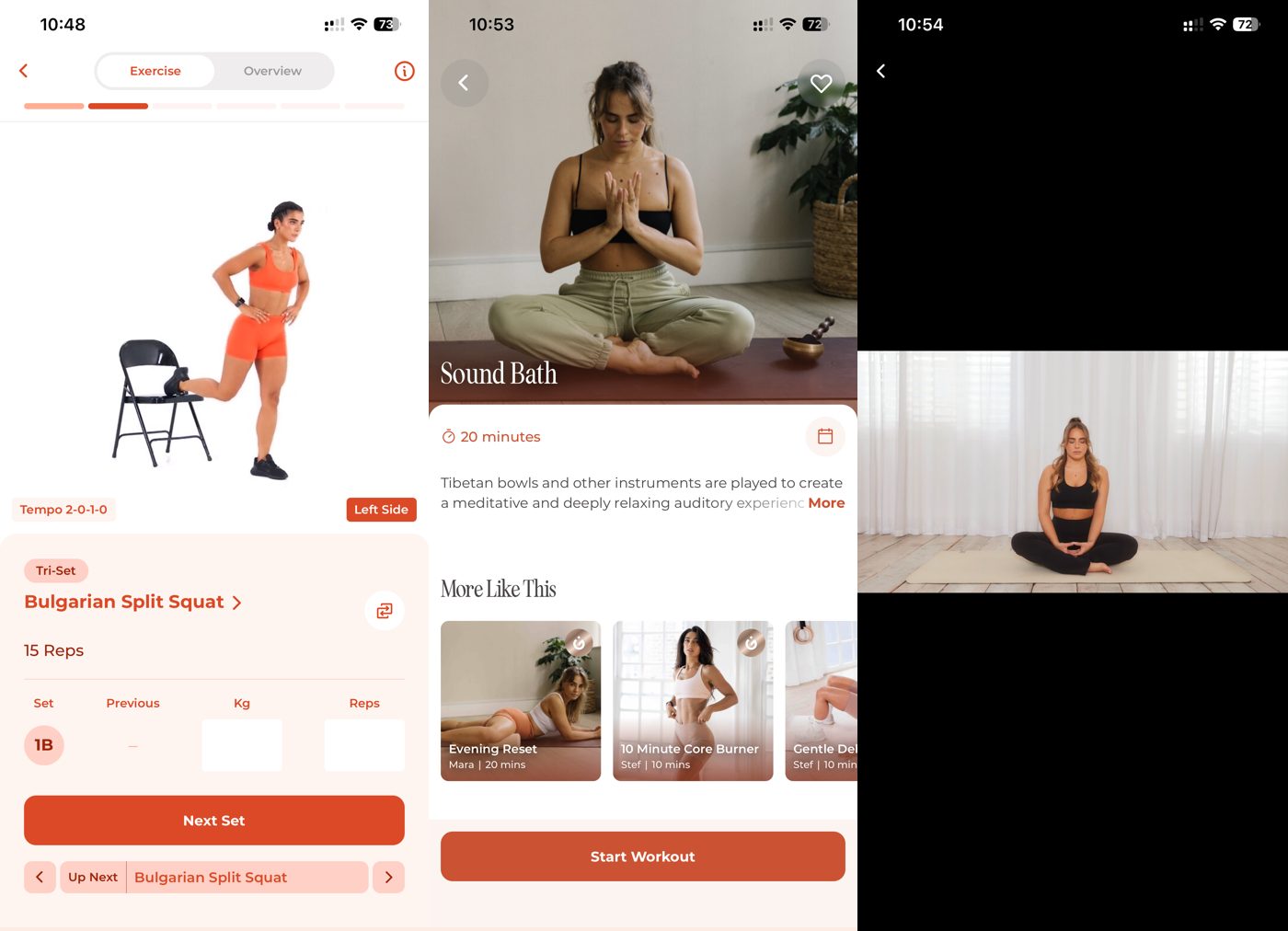WeGlow app in-session screens: a Bulgarian split squat, a sound bath, and a guided meditation player.