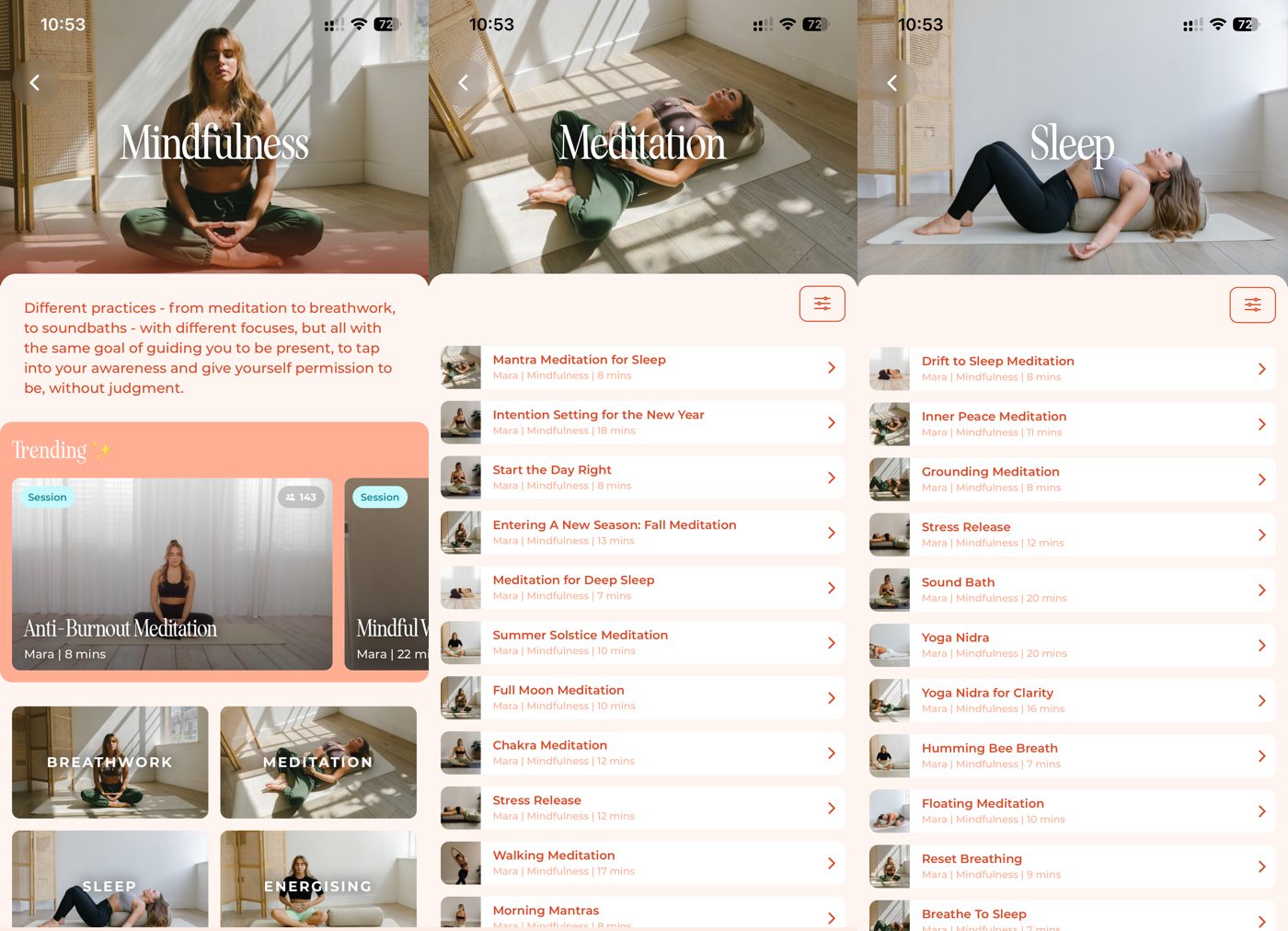 WeGlow app mindfulness, meditation, and sleep class lists.