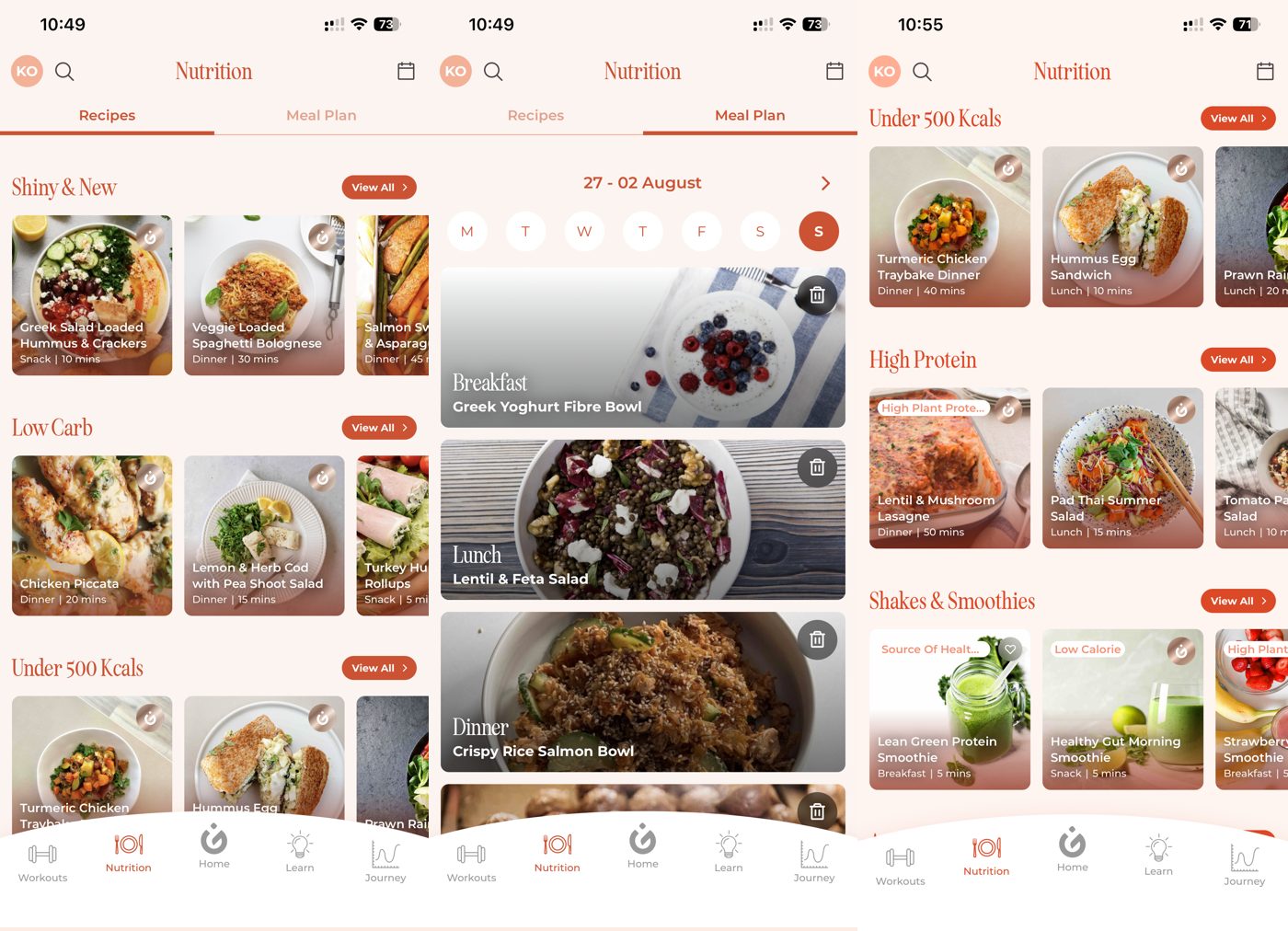 WeGlow app nutrition screens: recipes, a weekly meal plan, and the nutrition home page.