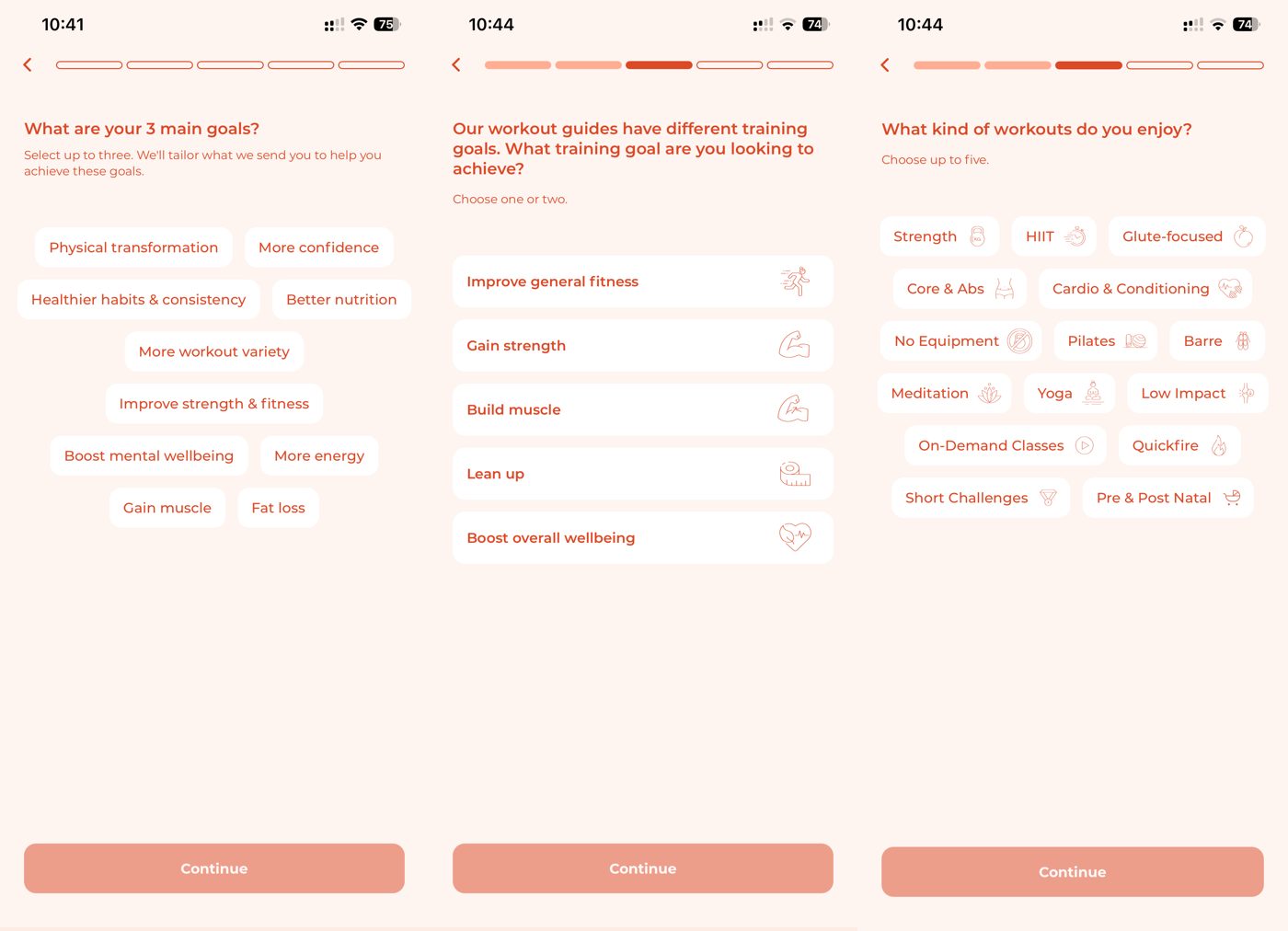 WeGlow app onboarding questions covering main goals, training goal, and preferred workout types.
