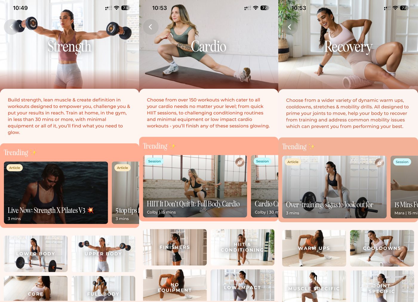 WeGlow app workout category pages for strength, cardio, and recovery.
