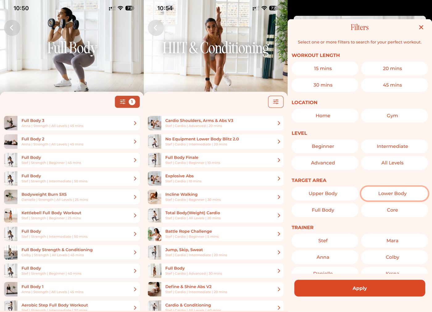 WeGlow app workout lists for full body and HIIT, plus a filter panel.