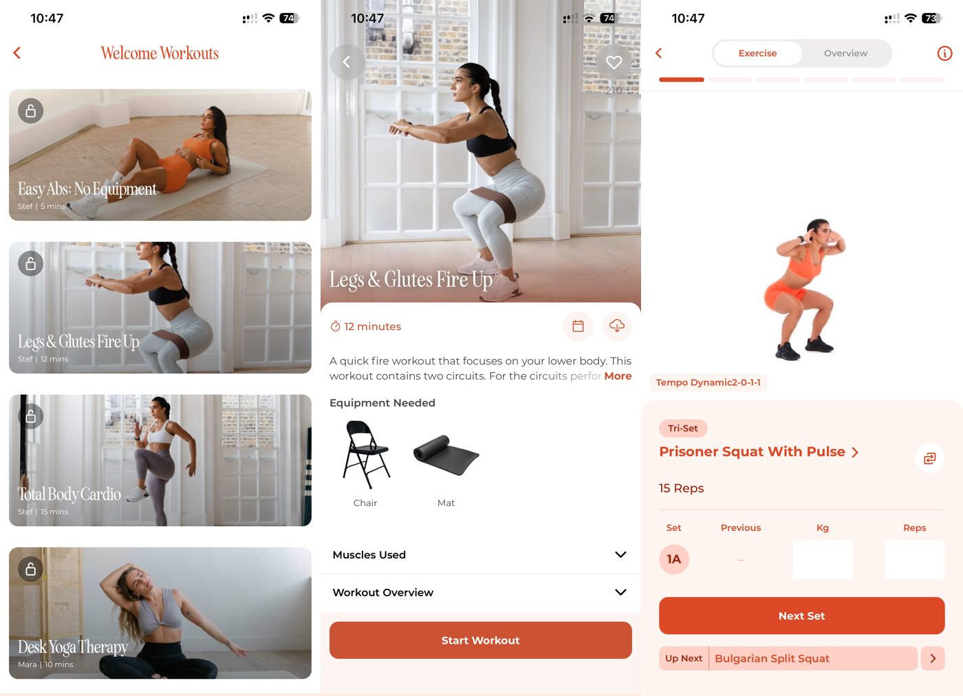 WeGlow app first workouts: a welcome workout list, a Legs and Glutes detail, and a prisoner squat exercise.