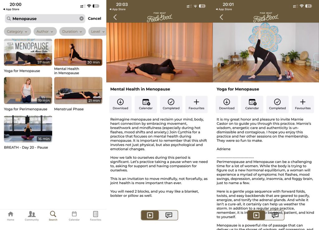 Find What Feels Good app menopause collection: Yoga for Menopause, Mental Health in Menopause, Yoga for Perimenopause and Menstrual Phase sessions focused on stress and calm, Beginner Workout App (2026)