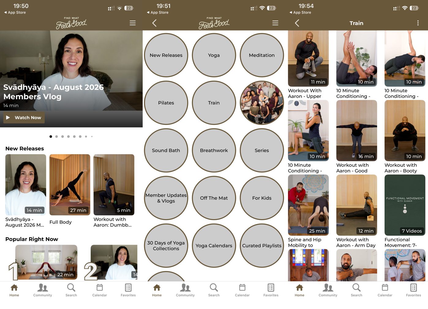 Find What Feels Good app home screen with Netflix-style Popular Right Now ranking, the full category grid, and the Train strength and conditioning section