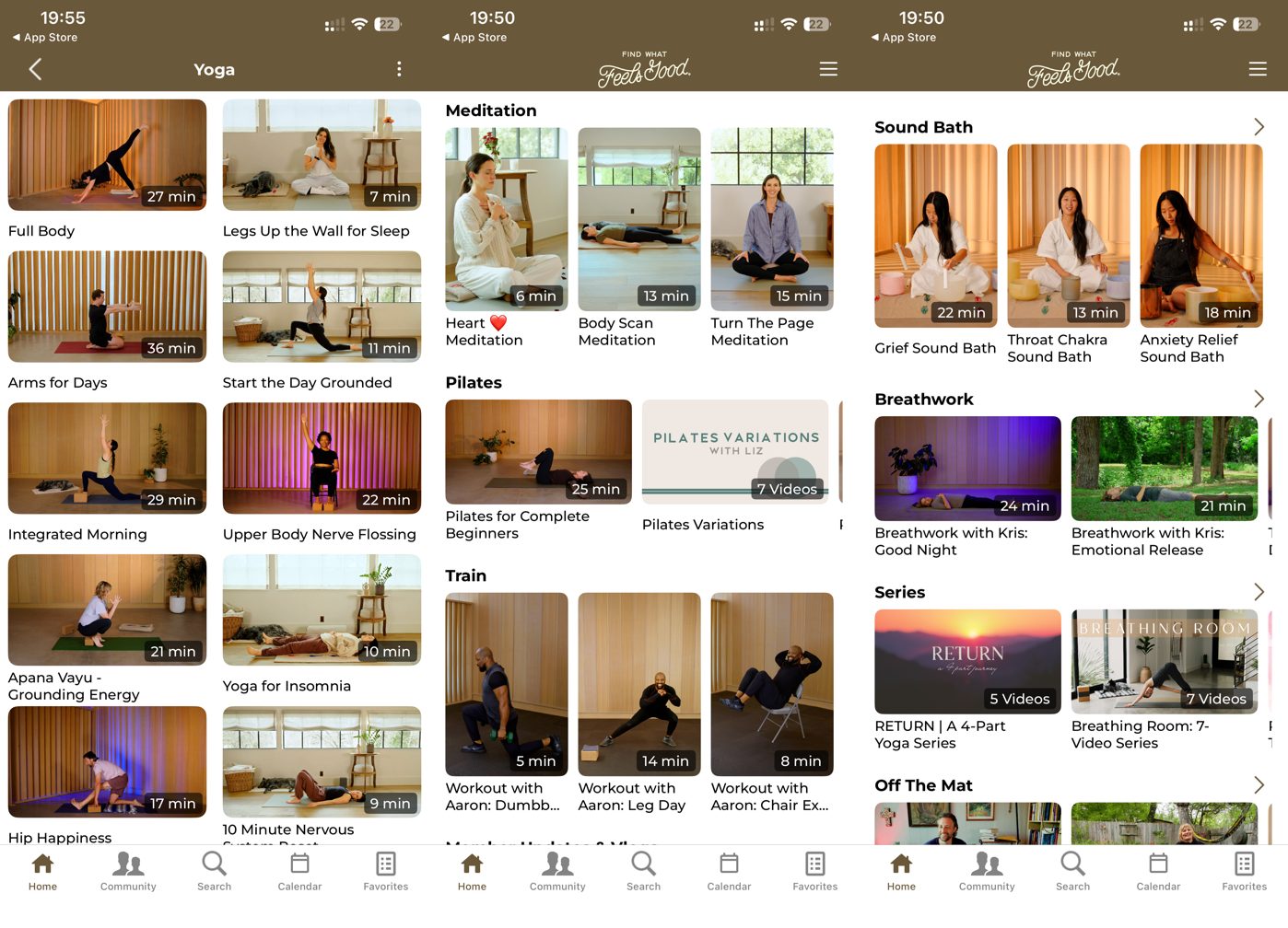 Find What Feels Good library spanning yoga, Pilates, meditation, breathwork and sound baths, all low-impact and calming