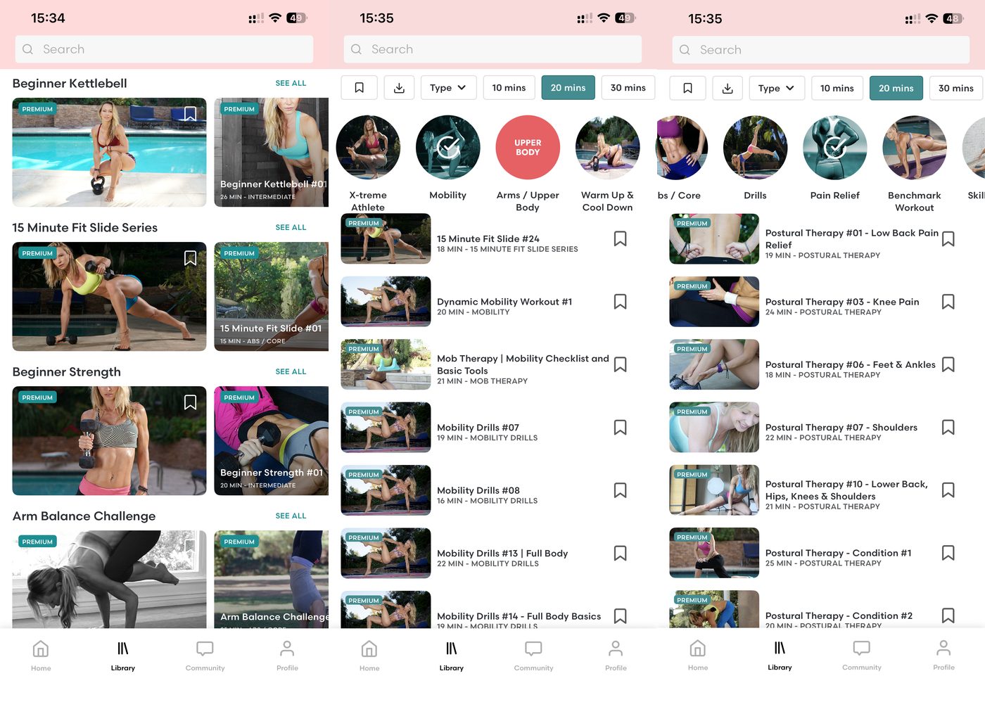 ZGYM library showing beginner strength and kettlebell, a mobility and Mob Therapy library, and a postural therapy series for knee, back and shoulder pain