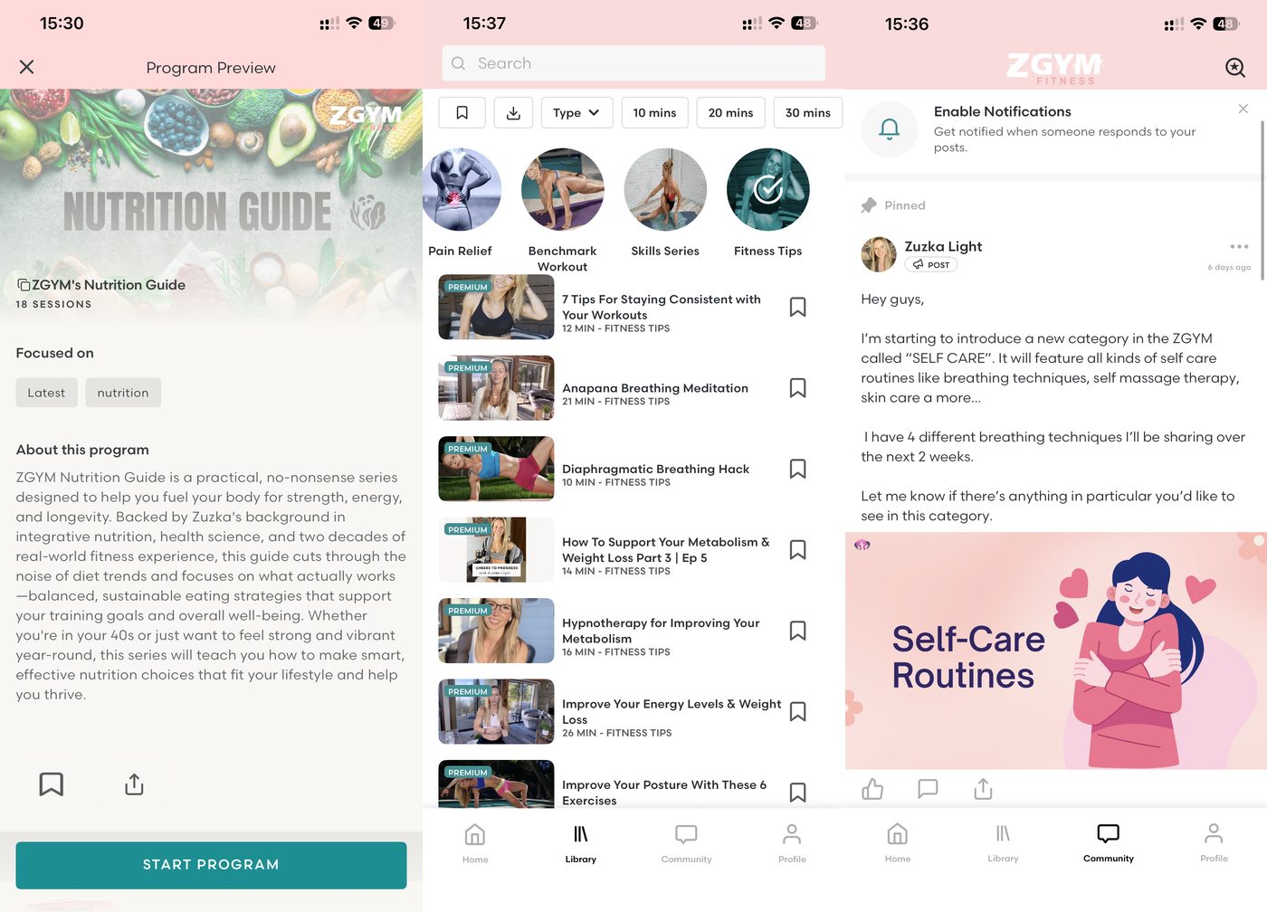 ZGYM nutrition guide, educational Fitness Tips on breathing and metabolism, and a community post launching a Self-Care category