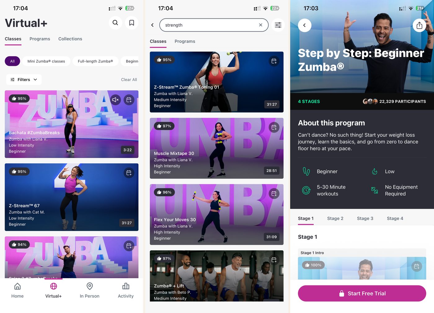 Zumba app: the class library with intensity and level labels, a search for strength showing Zumba Toning and Lift classes, and the Step by Step beginner programme