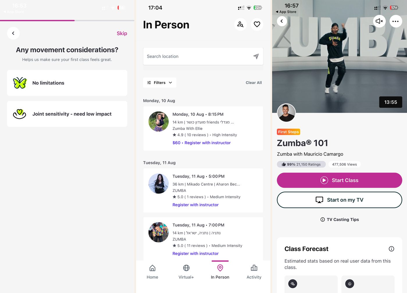 Zumba app: a joint-sensitivity low-impact onboarding question, the in-person class finder with local instructors, and a highly rated Zumba class with TV casting